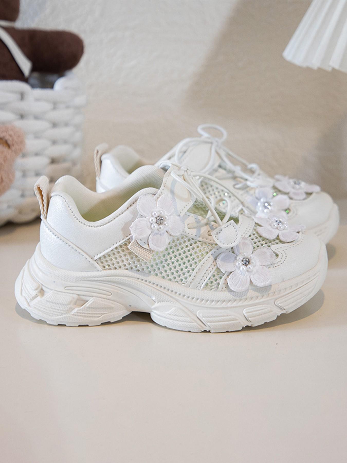 Girls' Floral Mesh Running Shoes, Breathable Anti-Slip Thick Sole, Cute Princess Style, Ages 2-12, Comfortable Kids Sports Shoes