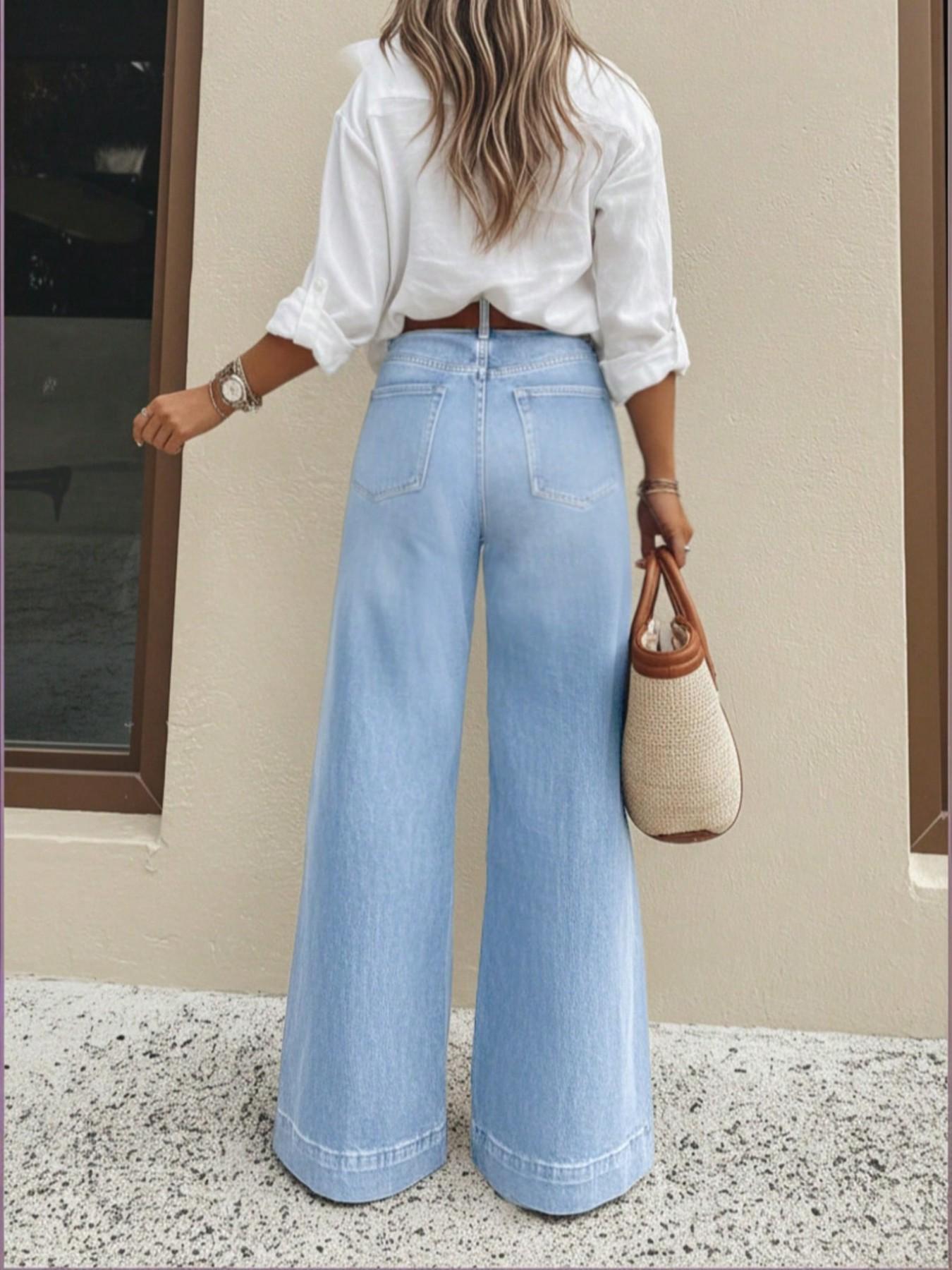Women's High-Waist Wide Leg Jeans Bottoms, Chic Vintage Light Wash Blue Denim, Stretch Fabric, Butt-Lifting & Slimming, Loose Floor-Length, Casual Daily Wear