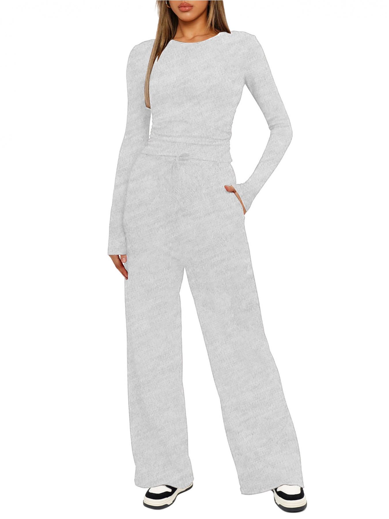 2026 Women's Solid Ruched Drawstring Loungewear Set, Casual Breathable Long Sleeve Round Neck Top & Pocket Wide Leg Trousers, Ladies Sleepwear for All Seasons Pajama Set