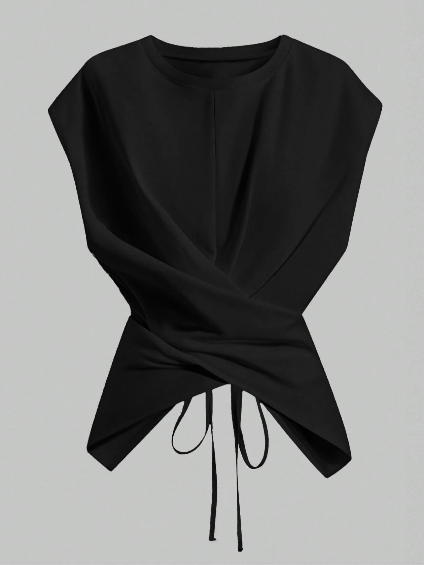 Women's Knitted Round Neck Drop Shoulder Sleeve T-Shirt, Fashion Casual Asymmetrical Ruched Cross Cutout Back Tie Top