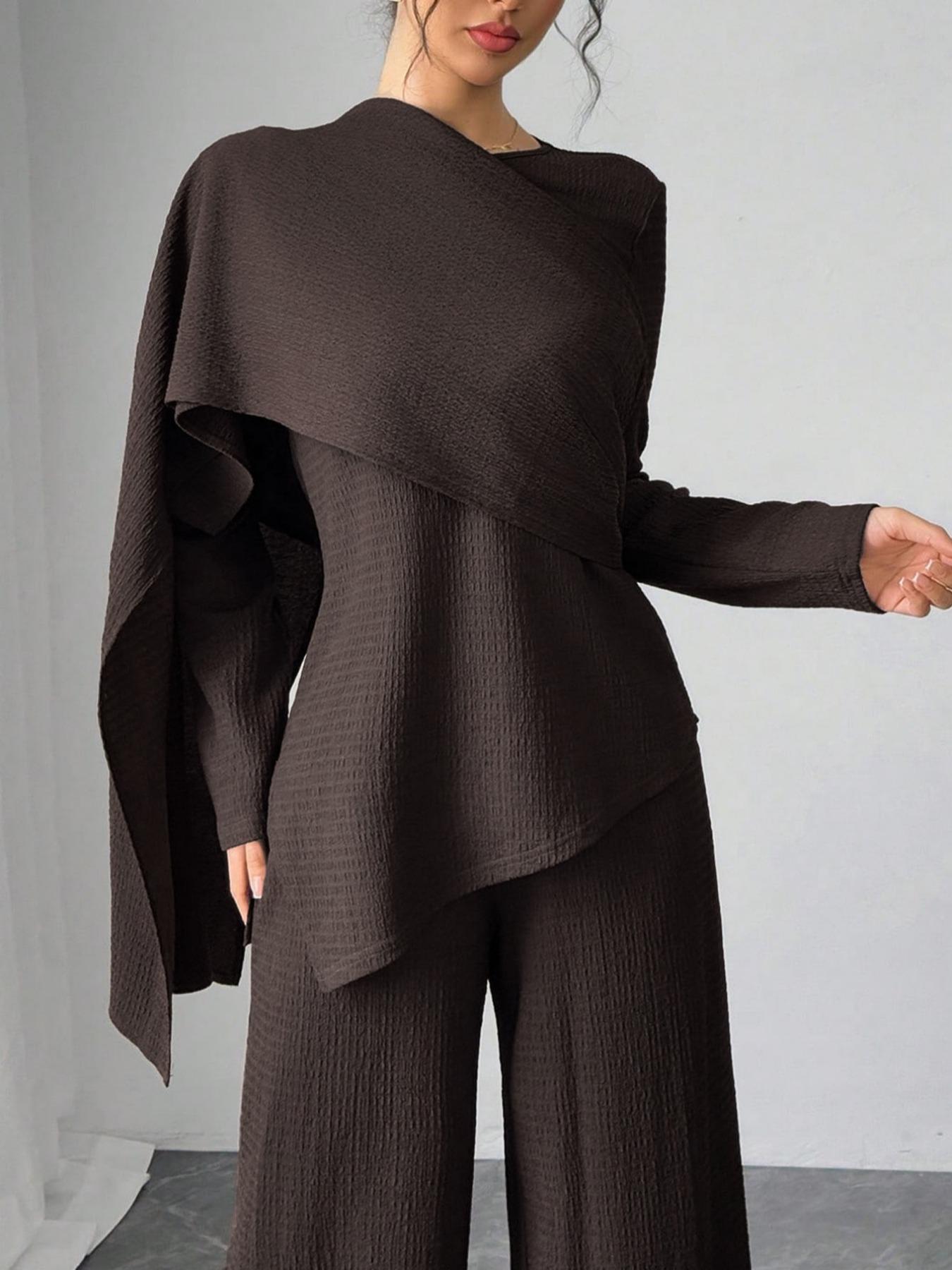 Asymmetric Design Shawl Set, High-End Casual Three-Piece, Textured Top & Wide-Leg Pants, Stylish Daily Wear