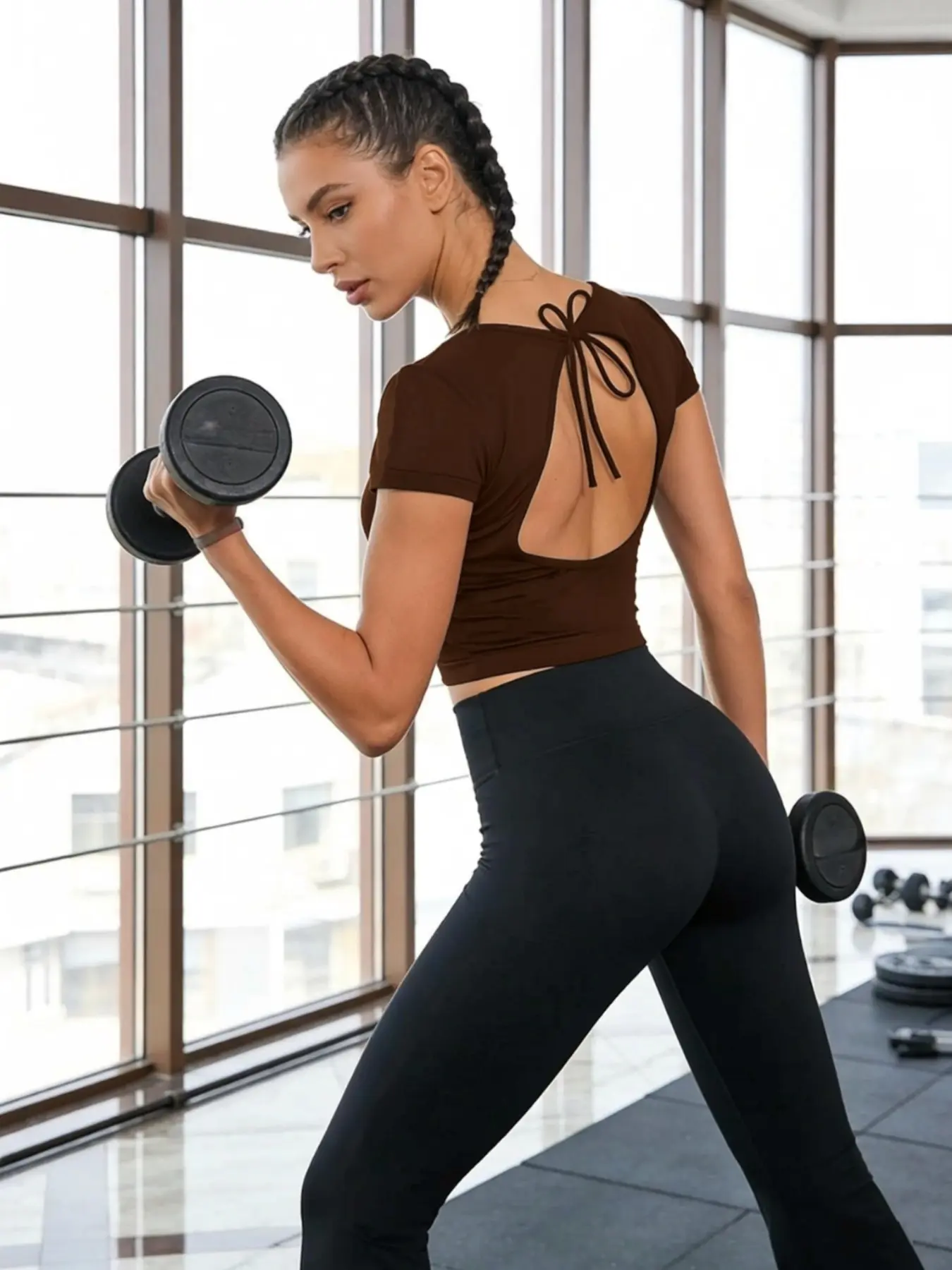 Women's Backless Tie-Back Short Sleeve Yoga Top, Quick-Dry Breathable Fitness Wear, Slim Fit Sporty T-Shirt, Cotton Sports Top