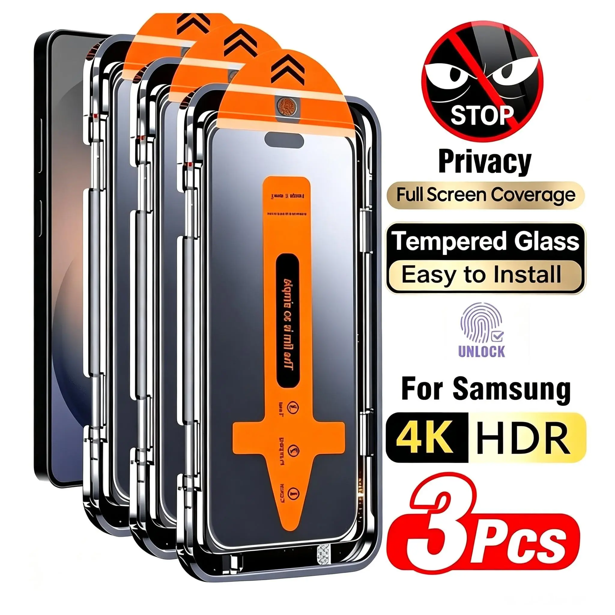 3pcs Anti-Peeping Instant Stick Dust-Free Clean Screen Protectors, Compatible with for galaxy S25 Ultra S25 Plus S25 S24 Plus S24 S23 S26 S26 Plus S22 , Privacy Protection, Ultra-Thin Tempered Glass, Fingerprint Unlock Support