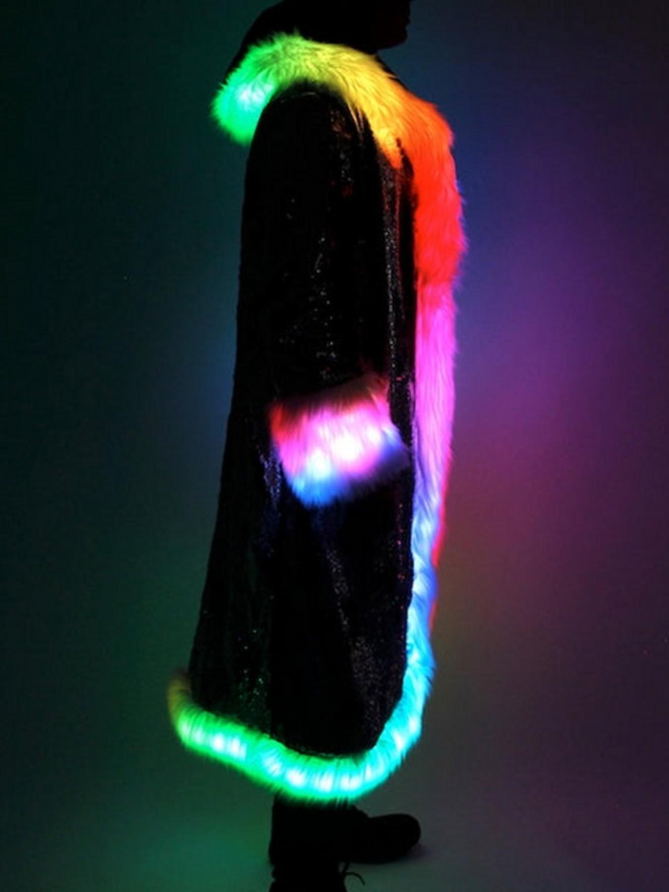 Men's LED Glow Hooded Jacket, Faux Fur Style, Colorful Light Strips, Plush Trim, Sequins, Festival Party Night Outwear