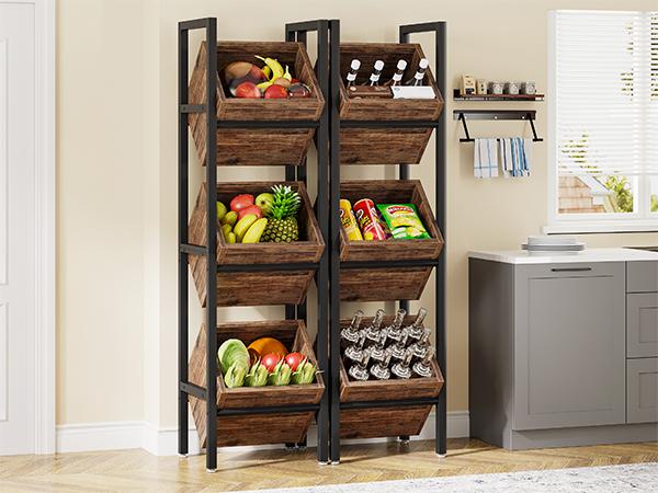 LITTLE TREE 3-Tier Basket Stand, Wooden Floor Stand Shelving Unit, Rustic Standing Organizer Storage Rack for Kitchen, Bathroom, Living Room