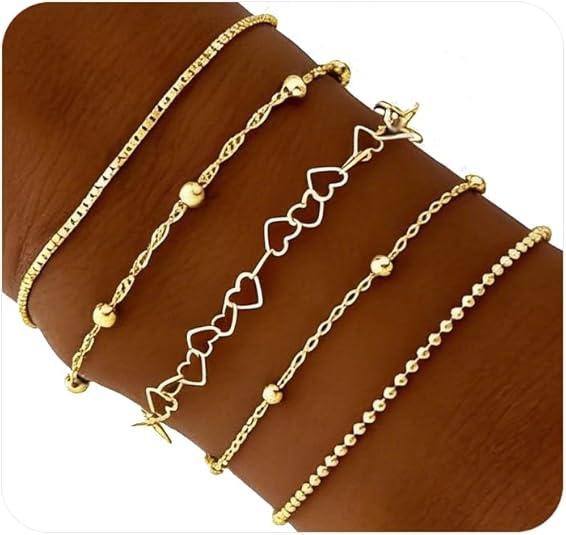 5 Piece Stainless Steel Heart Bead Multi-Layer Bracelet Set, Stackable Bracelets, Unisex Accessory, Perfect for Daily Wear, Work, and Parties