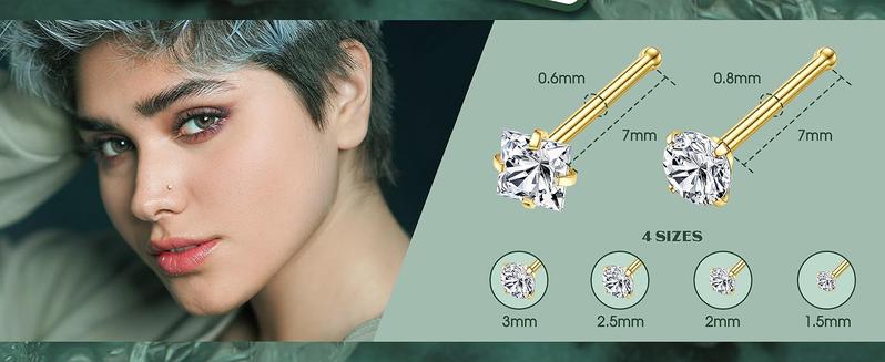 8Pcs 18G Surgical Stainless Steel Nose Rings Studs Cubic Zirconia Labret Hypoallergenic Nose Piercing Jewelry for Women Men 1.5/2/2.5/3mm