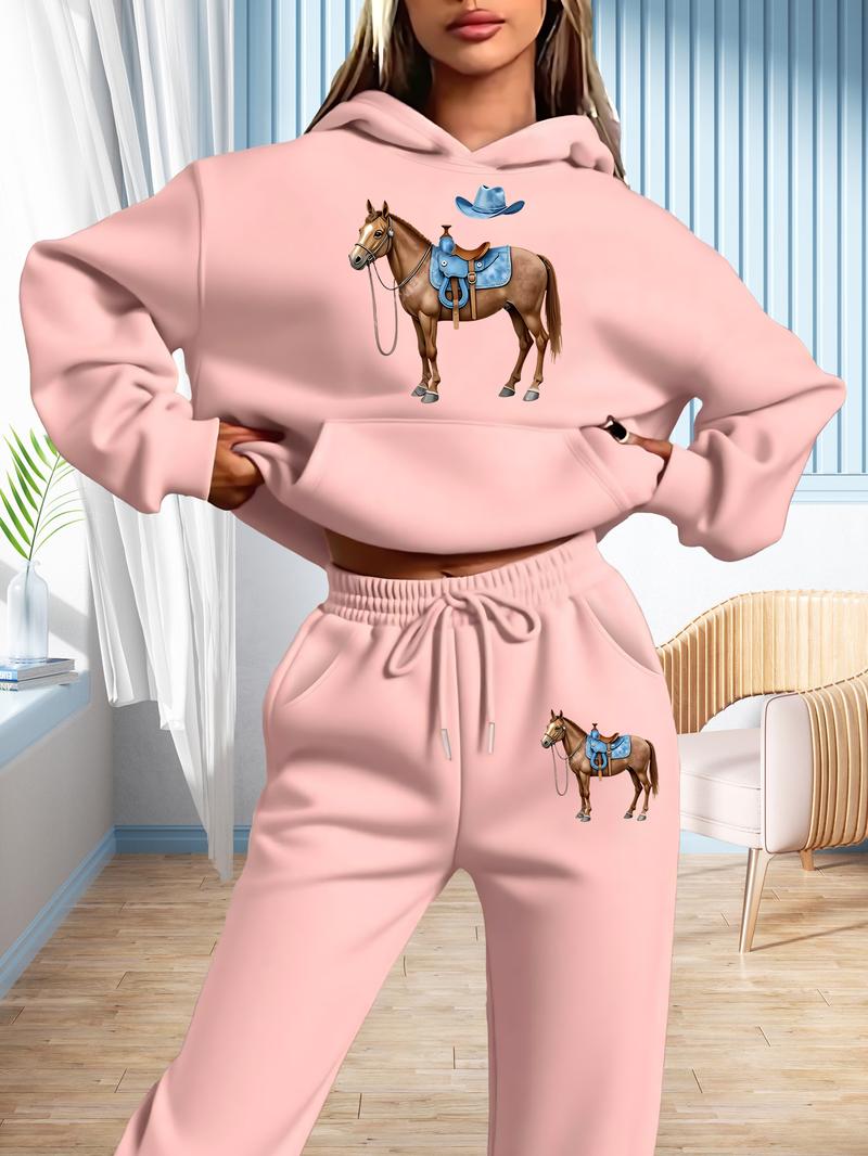 Western Style Horse Cowboy Hat Women's Sportswear Set, Vintage Western Art Print, Casual Fall & Winter, Comfortable All-Season Wear