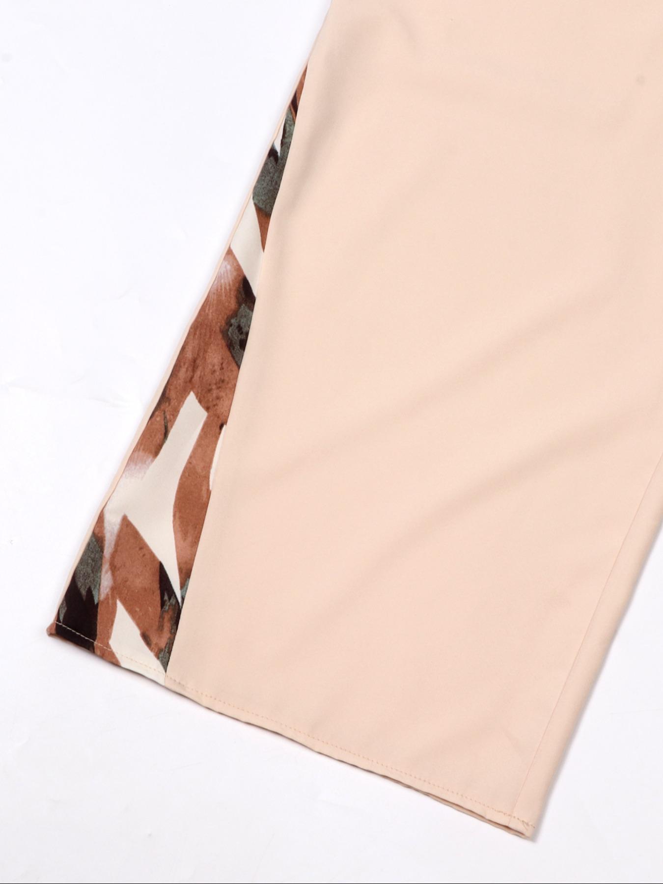 New V-Neck Geometric Pattern Straight Leg Wide-Leg Pants Set, Casual Comfortable Fitted Vacation Outfit, Women's Fashion Clothing