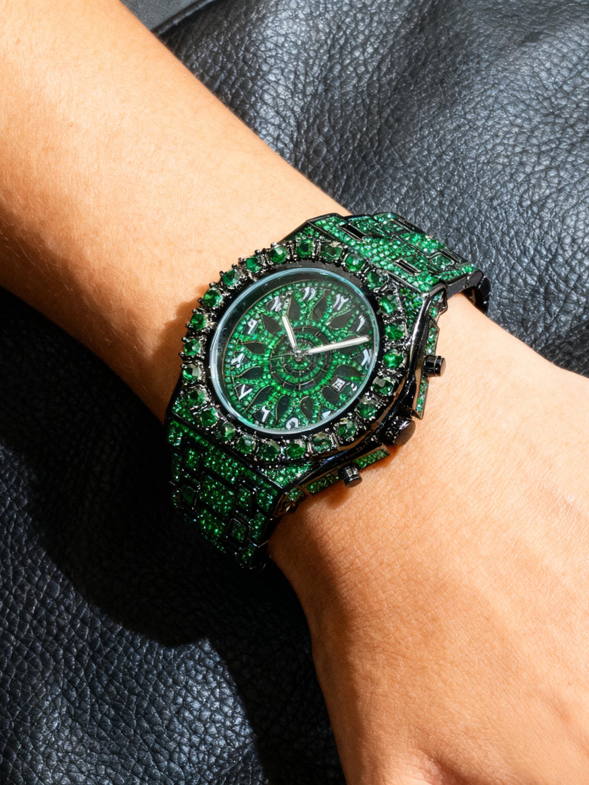 Men's Quartz Watch with Rhinestones, Luxury Ice-Dial Hip-Hop Watch with Full Artificial Water Diamonds, Rhinestone Decorated Watch, Fashionable Stylish Watch