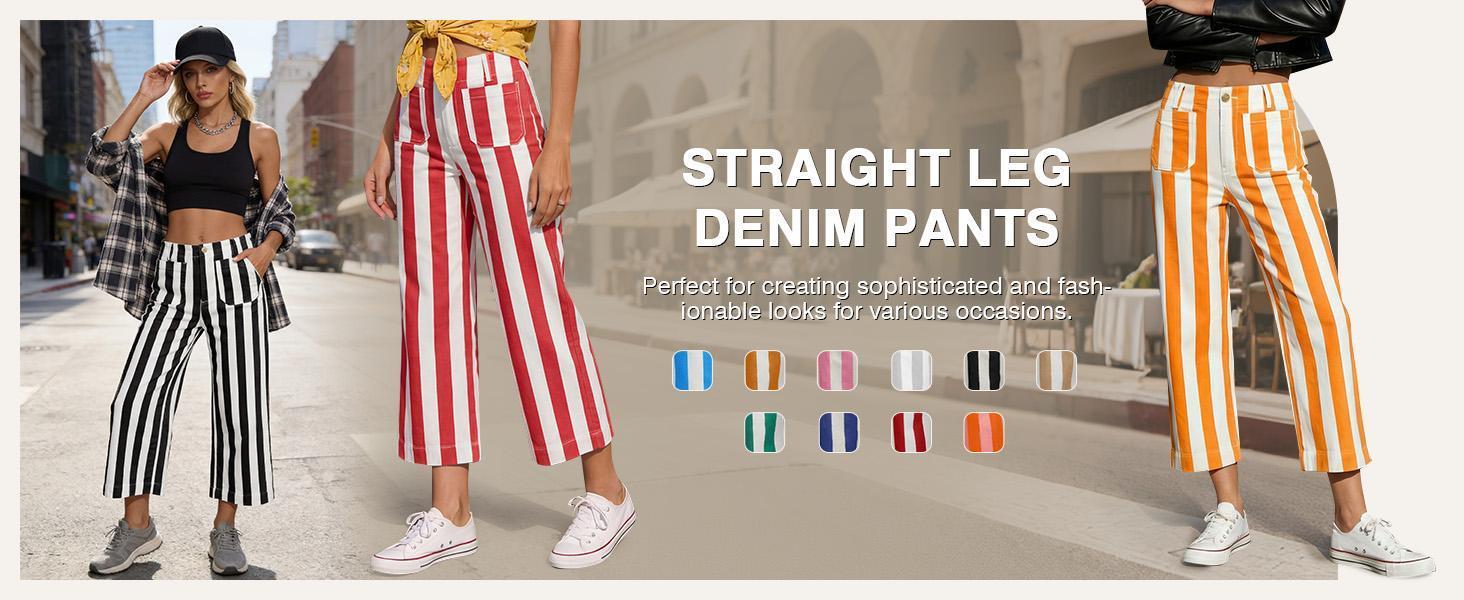 Cicy Bell Womens Cropped Striped Jeans Casual High Waisted Stretchy Polka Dots Straight Leg Denim Pants with Pockets Cicy Bell Womens Cropped Striped Jeans Casual High Waisted Stretchy Polka Dots Straight Leg Denim Pants with Pockets