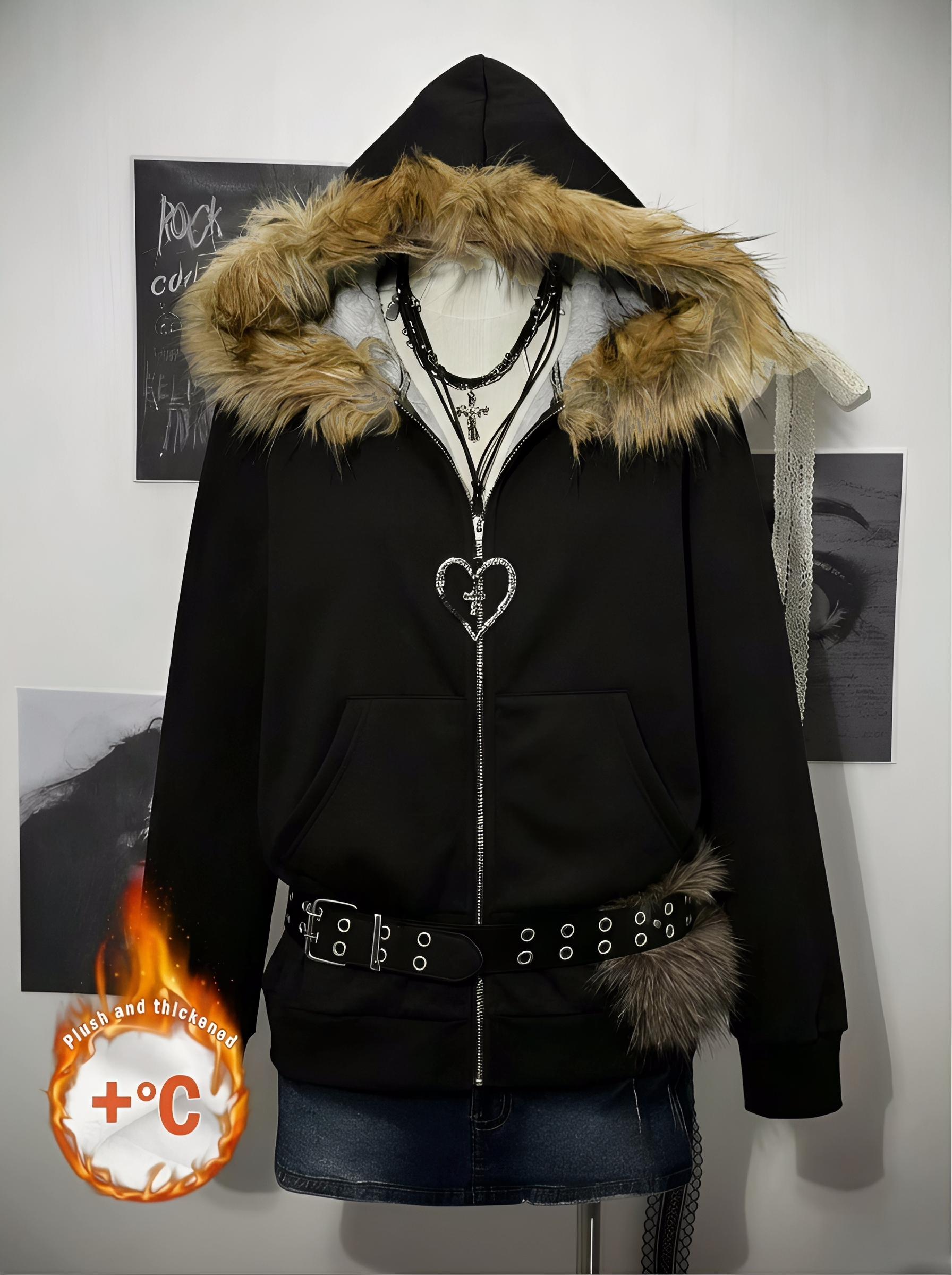 トップス Y2K opium darkwear black fur zip foodie2 Y2K Gothic Black Faux Fur Hooded Solid Zip-Up Hoodie | Versatile