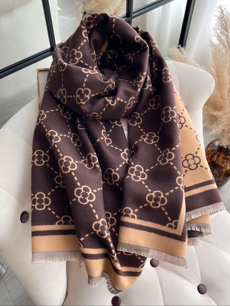 Double Sided Four-leaf Clover Print Scarf, Tassel Decor Elegant Soft Warm Floral Print Shawl for Fall & Winter, Fashion Accessories for Women & Men