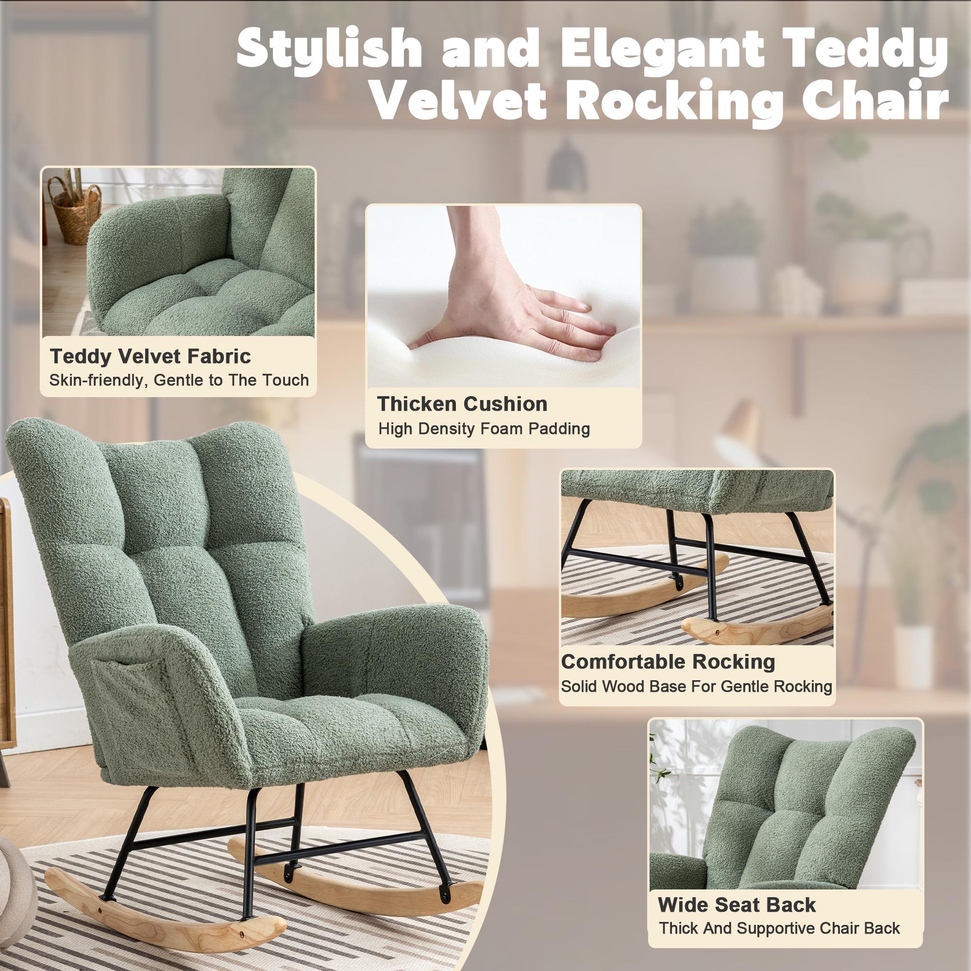 QAK Teddy Fabric Rocking Chair with Pocket, Soft Rocking Chair for Nursery, Comfy Wingback Golider Rocking Chair with Safe Solid Wood Base, Living Room