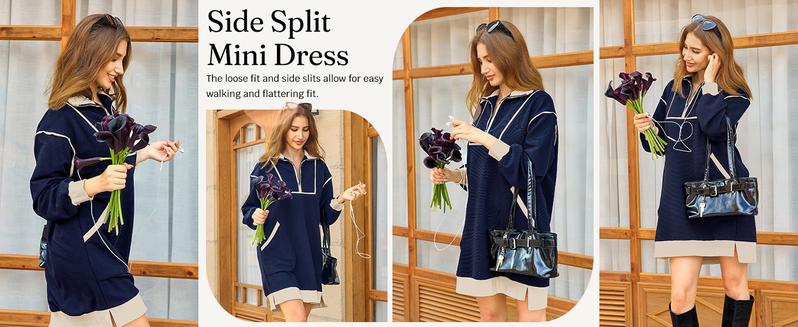 Wenrine Women's Oversized Sweatshirt Dress Half Zip V Neck Long Sleeve Contrast Fall Casual Mini Dresses with Pockets
