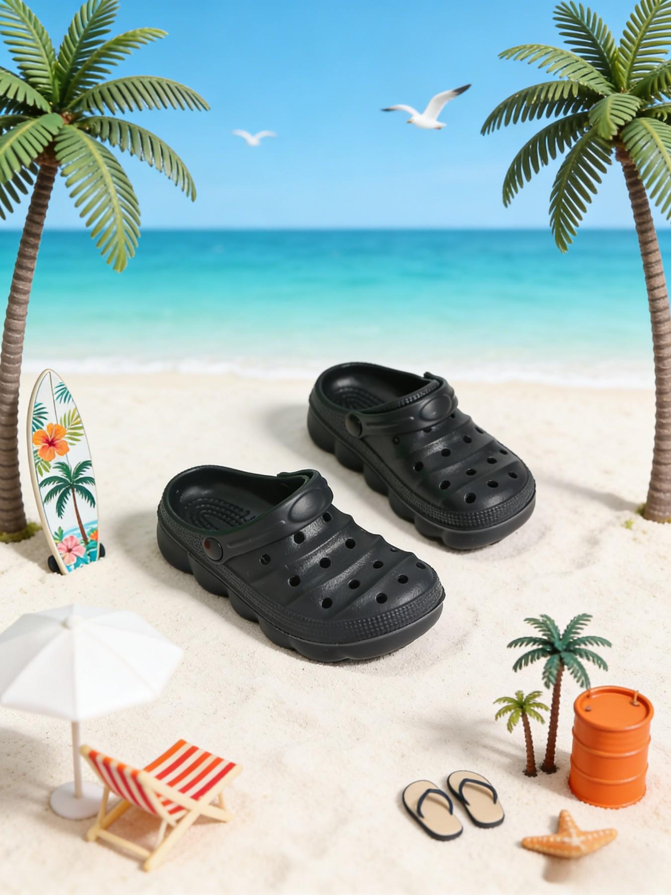 Summer New Pure Color Holey Shoes, Cute Thick Sole Anti-Slip Comfortable Breathable Closed-Toe Kids Sandals, Beach Resort Indoor Outdoor Slippers, Eva Slippers, Casual Beach Slippers