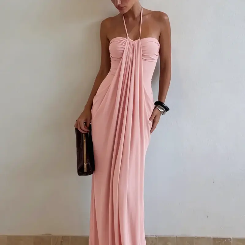 Women's Solid Color Ruched Bodycon Halter Neck Dress, Sexy Sleeveless Strapless Backless Plicated Slim Fit Tube Dress, Party Club Date Evening Gown Formal Dress, Elegant Casual Daily Maxi Long Dresses For Ladies All Seasons Summer Fashion Clothes Wear