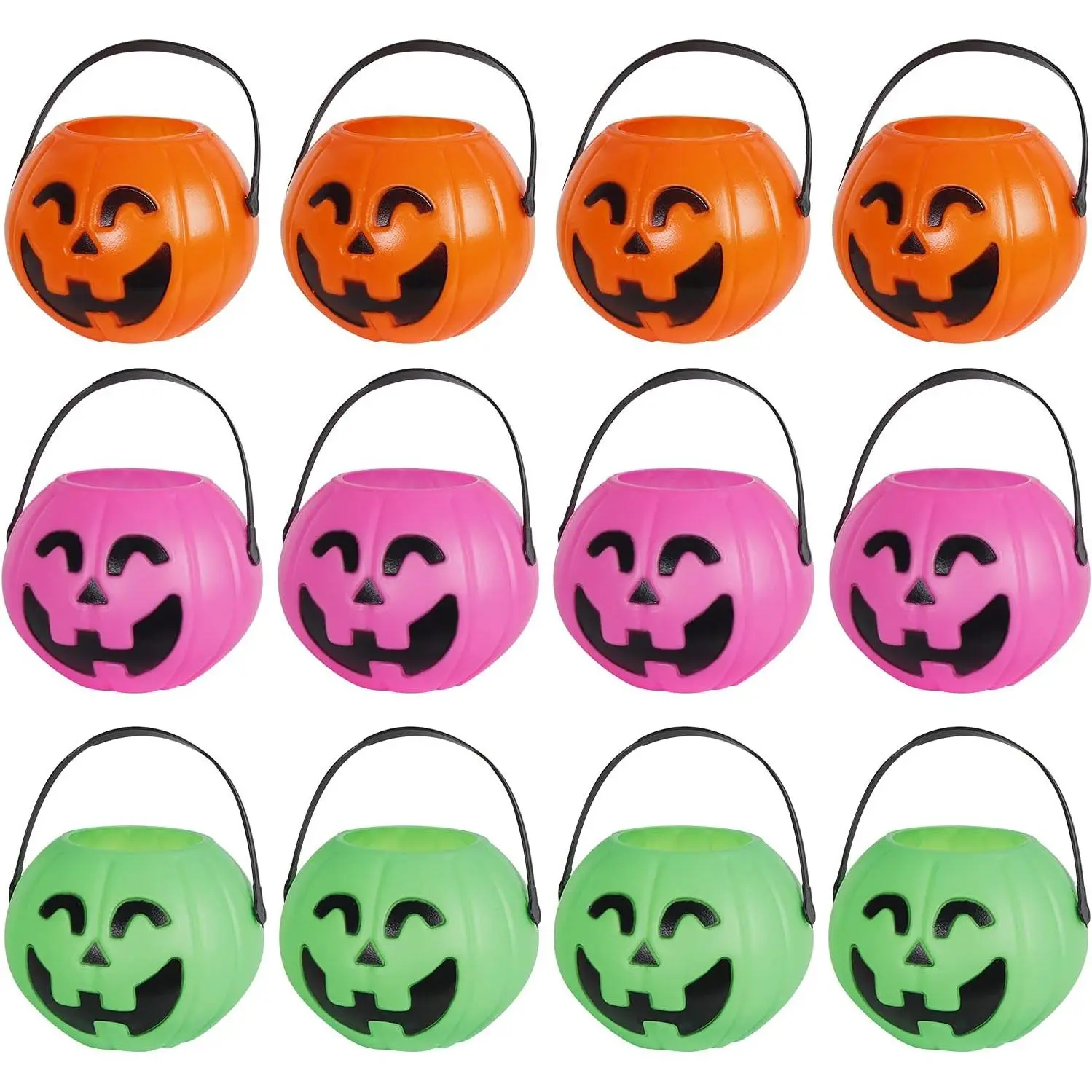 Mini Halloween Pumpkin Bucket Orange&Green& Plastic Halloween Witches Cauldron Kettle Multi-Purposed Novelty Candy Holder Decor for Halloween Party (12 Pack)