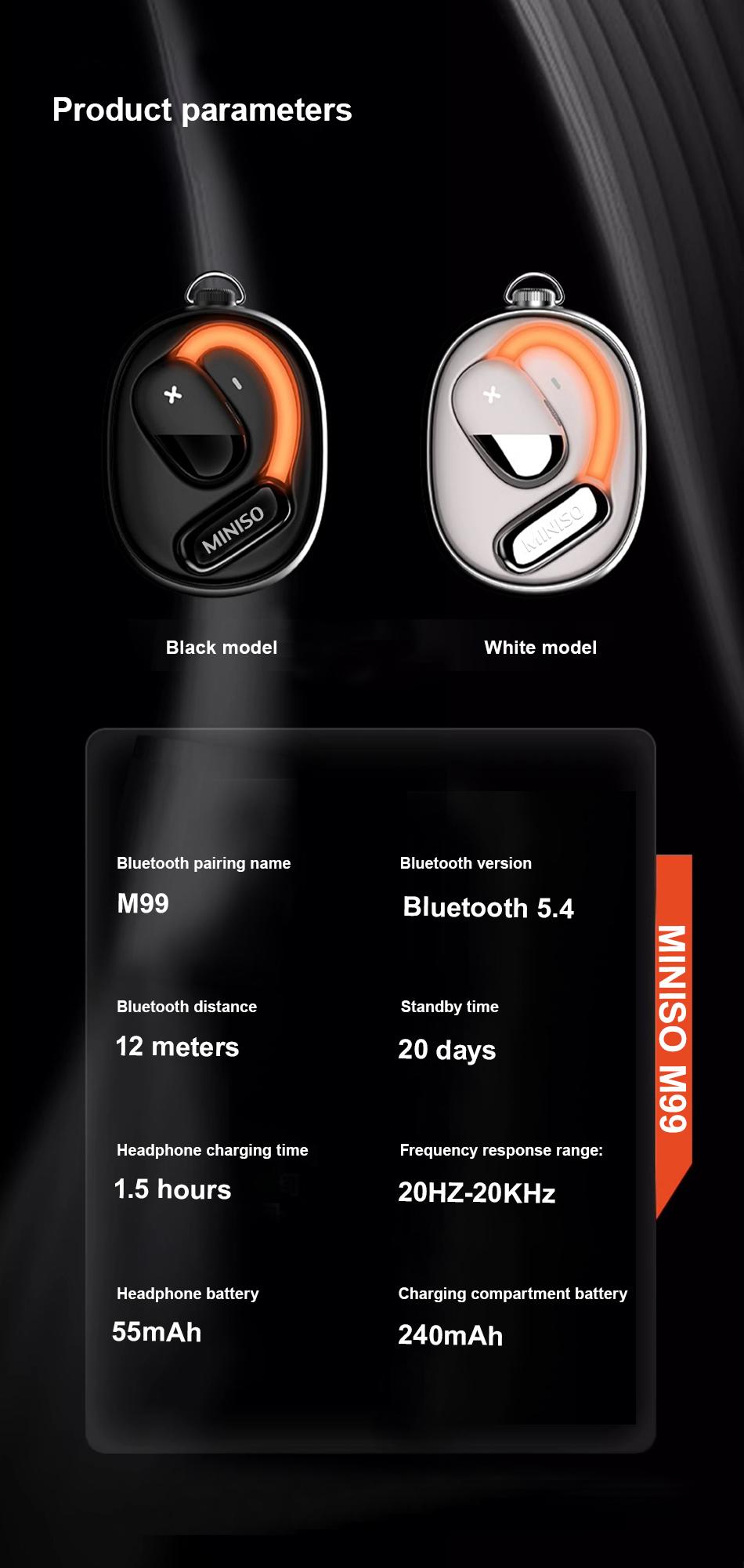 【Cool and Luminous】MINISO M99 Wireless Bluetooth V5.4 Open Earphones with Great Appearance HIFI Heavy Bass Immersive Sound Effects for Gaming and Music Lightweight and Comfortable Send Lanyard and Neckband compatible with iOS / Android phones