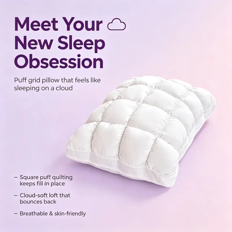 Cloud Puff Pillow-Soft Tufted Grid Puff Pillow, Plush Fluffy Bed Pillow with Marshmallow-Like Softness, Breathable Neck-Support Pillow for Side, Back & Stomach Sleepers, Cozy Sleeping Pillow for Waking Refreshed, Breathable Bed Accessory