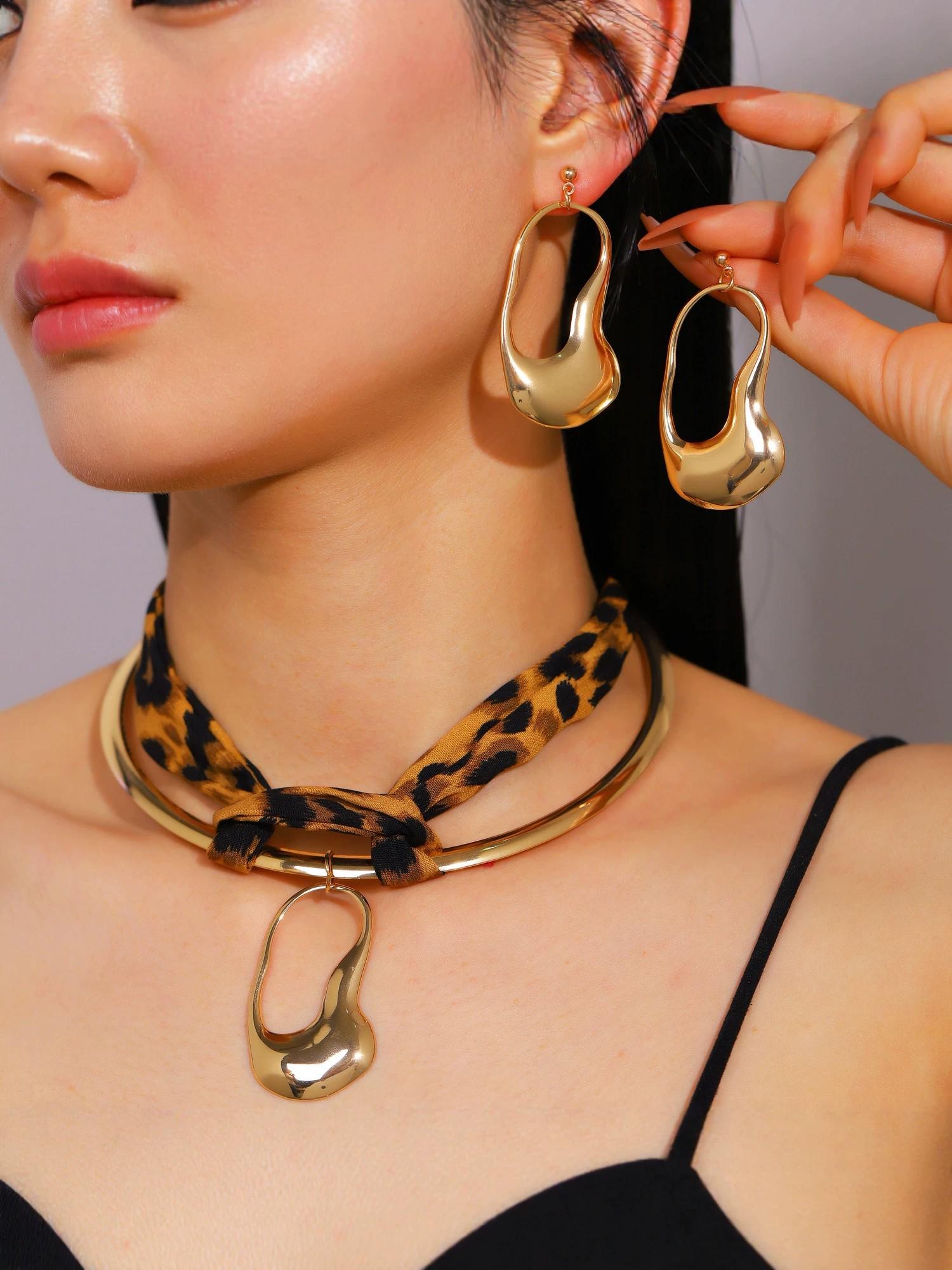 Irregular Metal Lava Earrings Necklace, Vintage Bold Style, 18k Gold Plated, Geometric Design, Fashion Blogger Accessory, Beach Vacation Jewelry