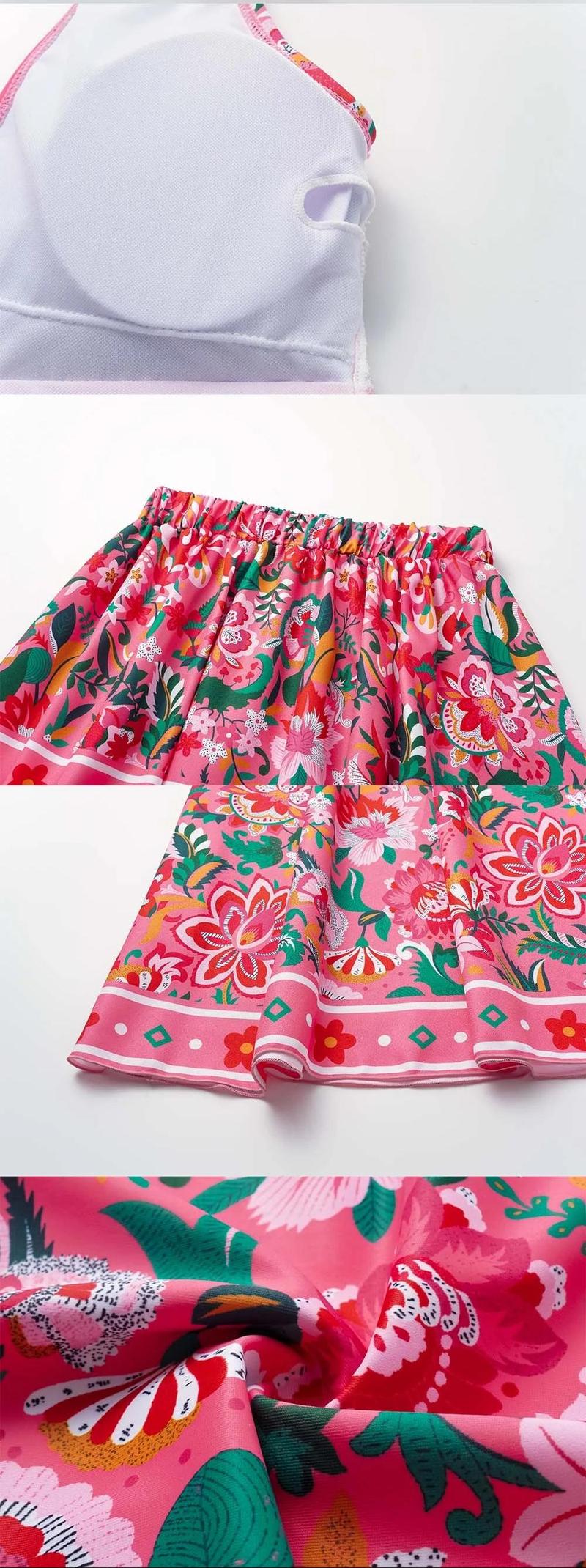 FLAXMAKER Women's Pink Floral Paradise Print Tie Shoulder One Piece Swimsuit and Cover Skirt Set Swimdress Bathing Suit Beachwear #TikTokShopBlackFriday