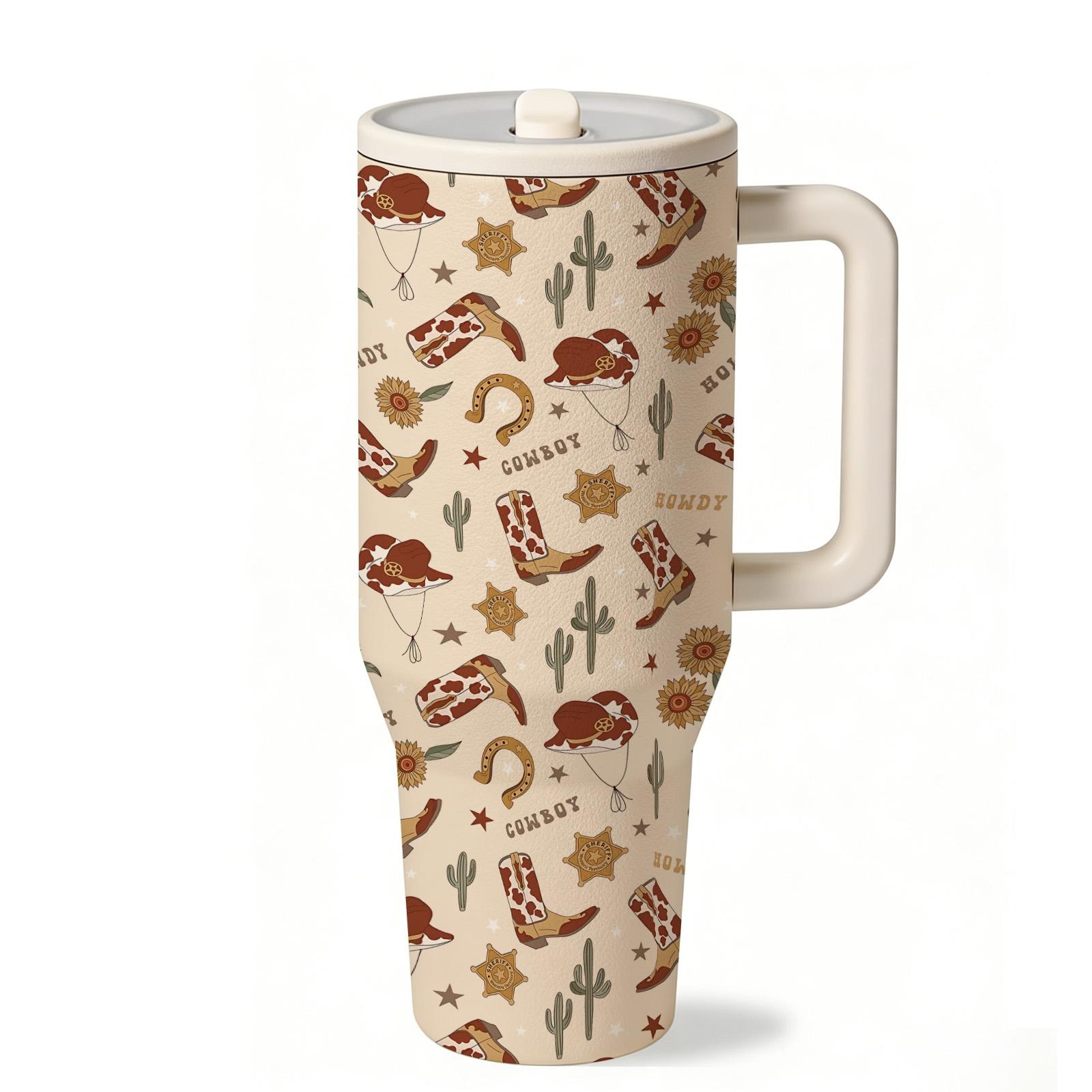 1 Pc 40oz Western Cowgirl Insulated Mug Tumbler, Cowboy Style Thermal Cup With Handle, Double Wall Stainless Steel, Stainless Steel Drinkware, Leak Proof For Hot Cold Drinks, Keep Warm 12 Hours Cold 24 Hours, Western Aesthetic Gift For Women Men
