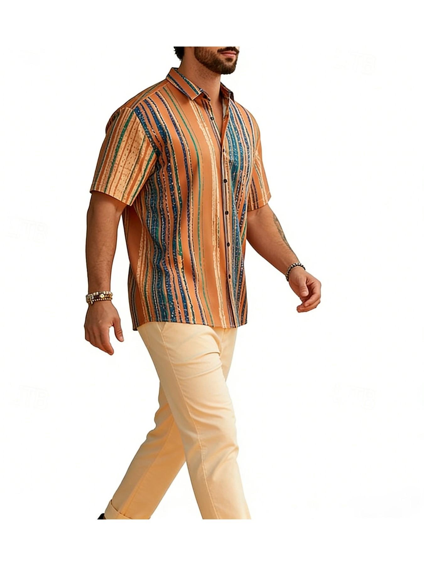 Men's Vintage Striped Collared Shirt, Breathable Short Sleeve Casual Top, Beach Vacation Street Summer Open Front Jacket