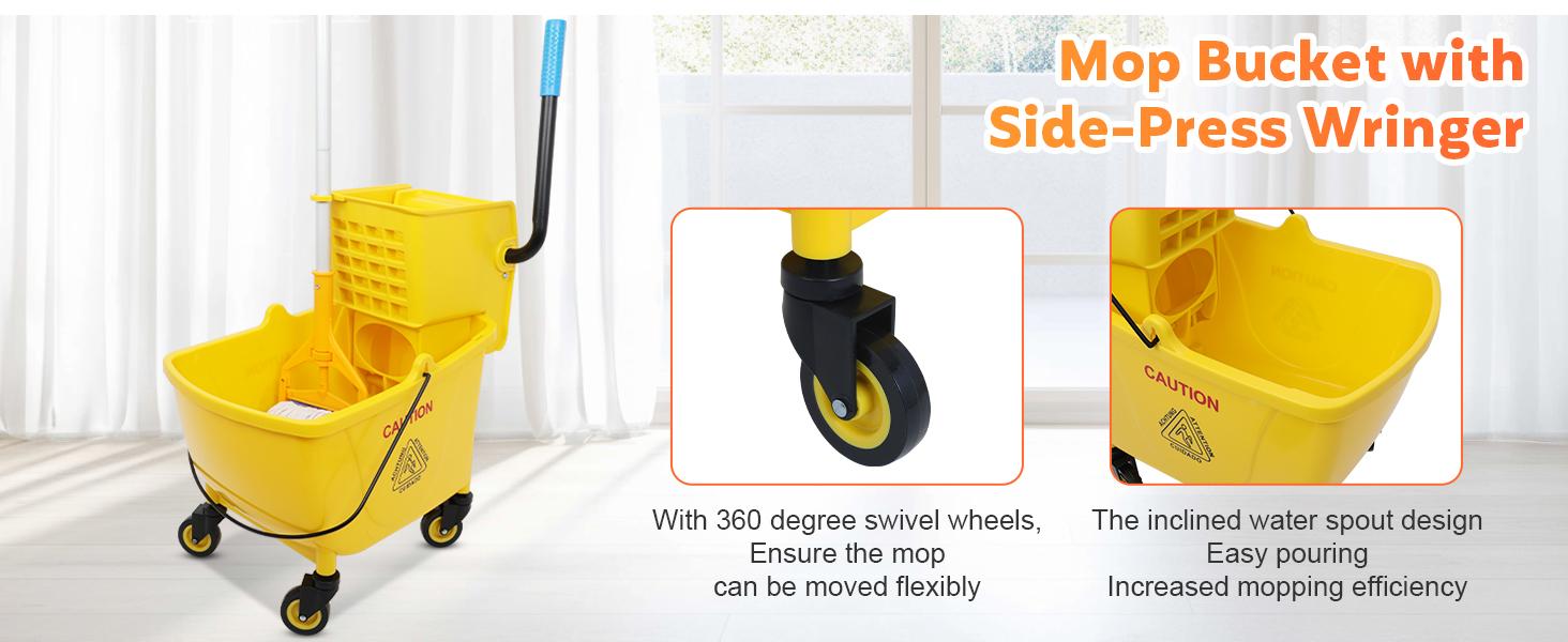Commercial Mop Bucket with Side Press Wringer on Wheels, 35Qt,Yellow Including One Commercial Mop system