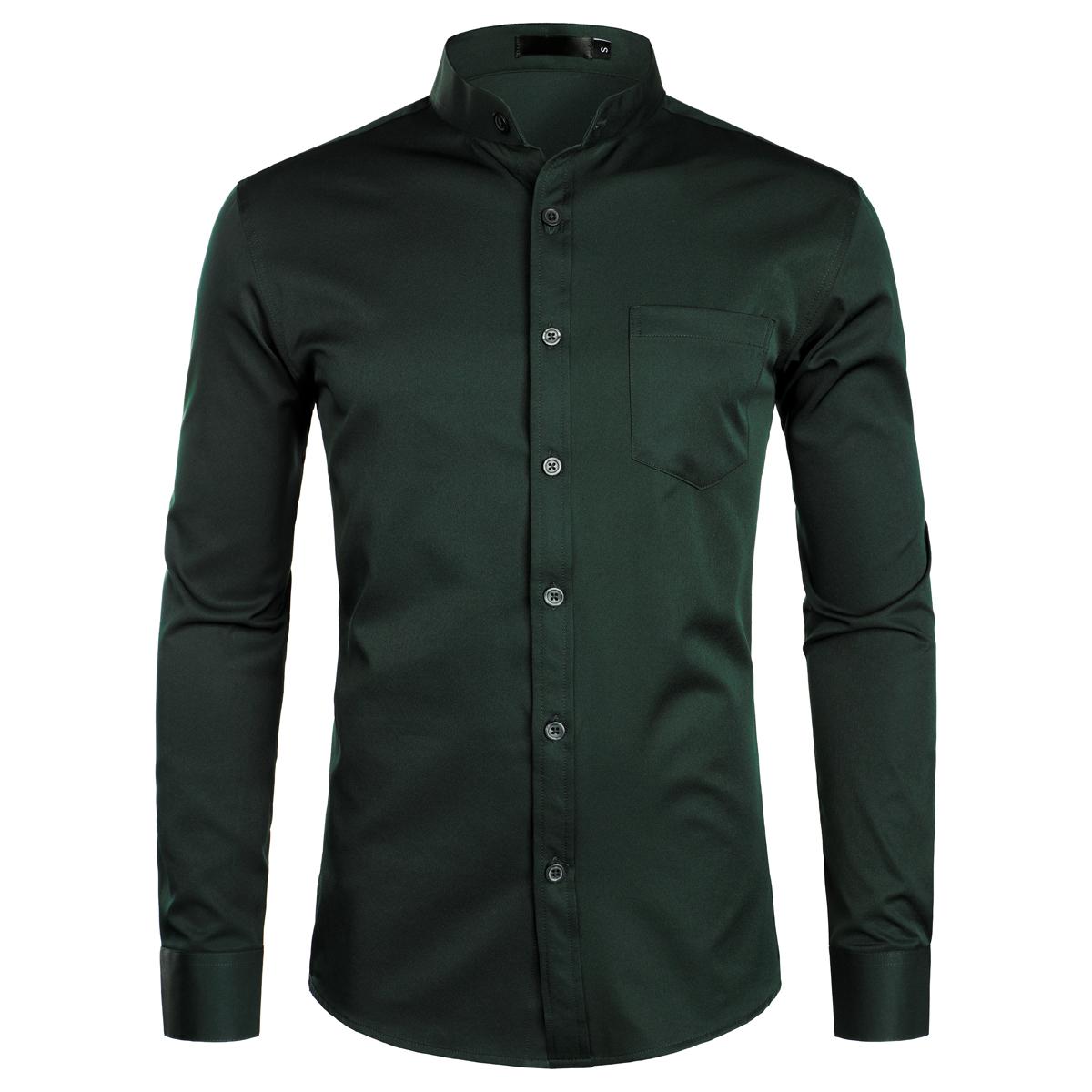 ZEROYAA Men's Banded Collar Slim Fit Long Sleeve Casual Button Down Dress Shirts with Pocket Breathable Polyester Top Black Color Menswear Beige - Fabric