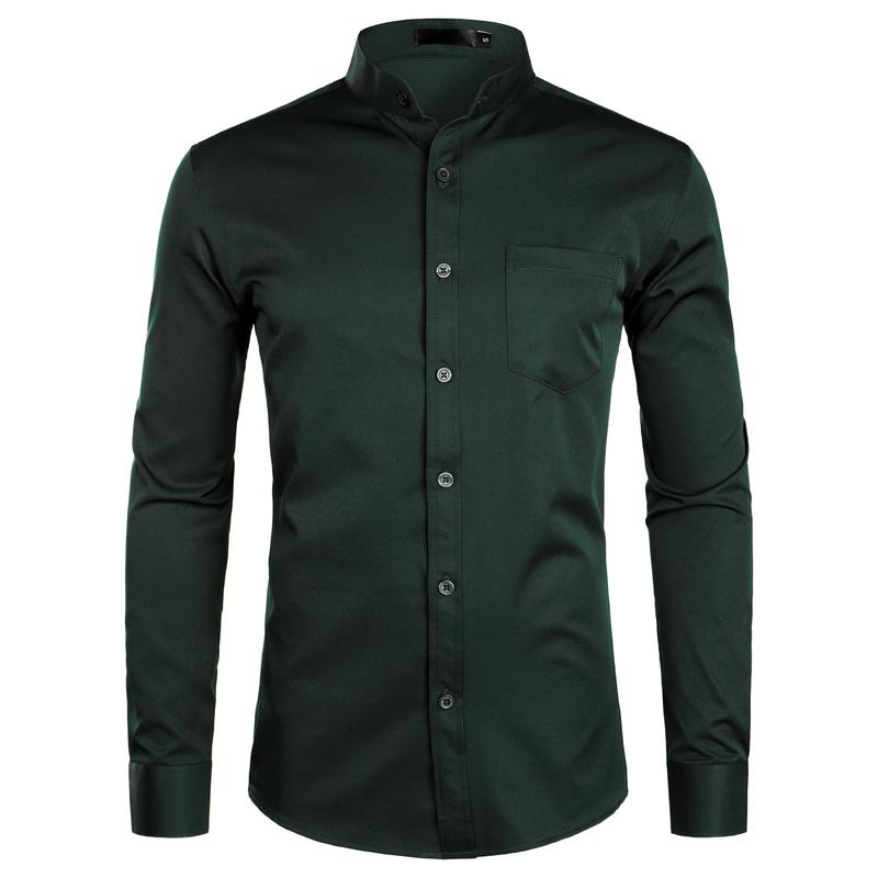 ZEROYAA Men's Banded Collar Slim Fit Long Sleeve Casual Button Down Dress Shirts with Pocket Breathable Polyester Top Black Color Menswear Beige - Fabric ZEROYAA Men's Banded Collar Slim Fit Long Sleeve Casual Button Down Dress Shirts with Pocket Breathable Polyester Top Black Color Menswear Beige - Fabric