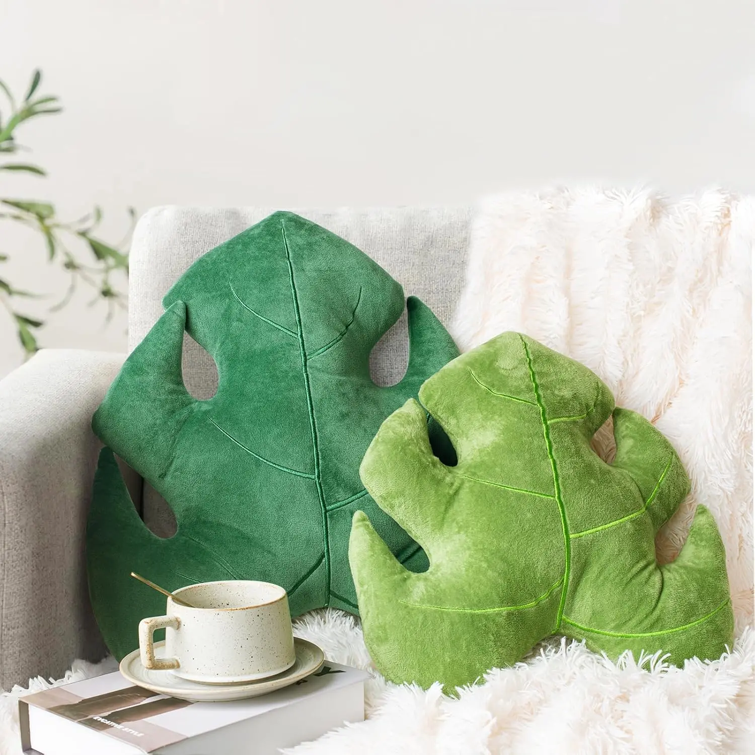 Set of 2 3D Leaves Decorative Throw Pillows, 18"& 14" Monstera Deliciosa Plush Pillow Set for Plant Lovers Garden Lovers, Living Room Bedroom Nursery Decor, Light Green & Dark Green