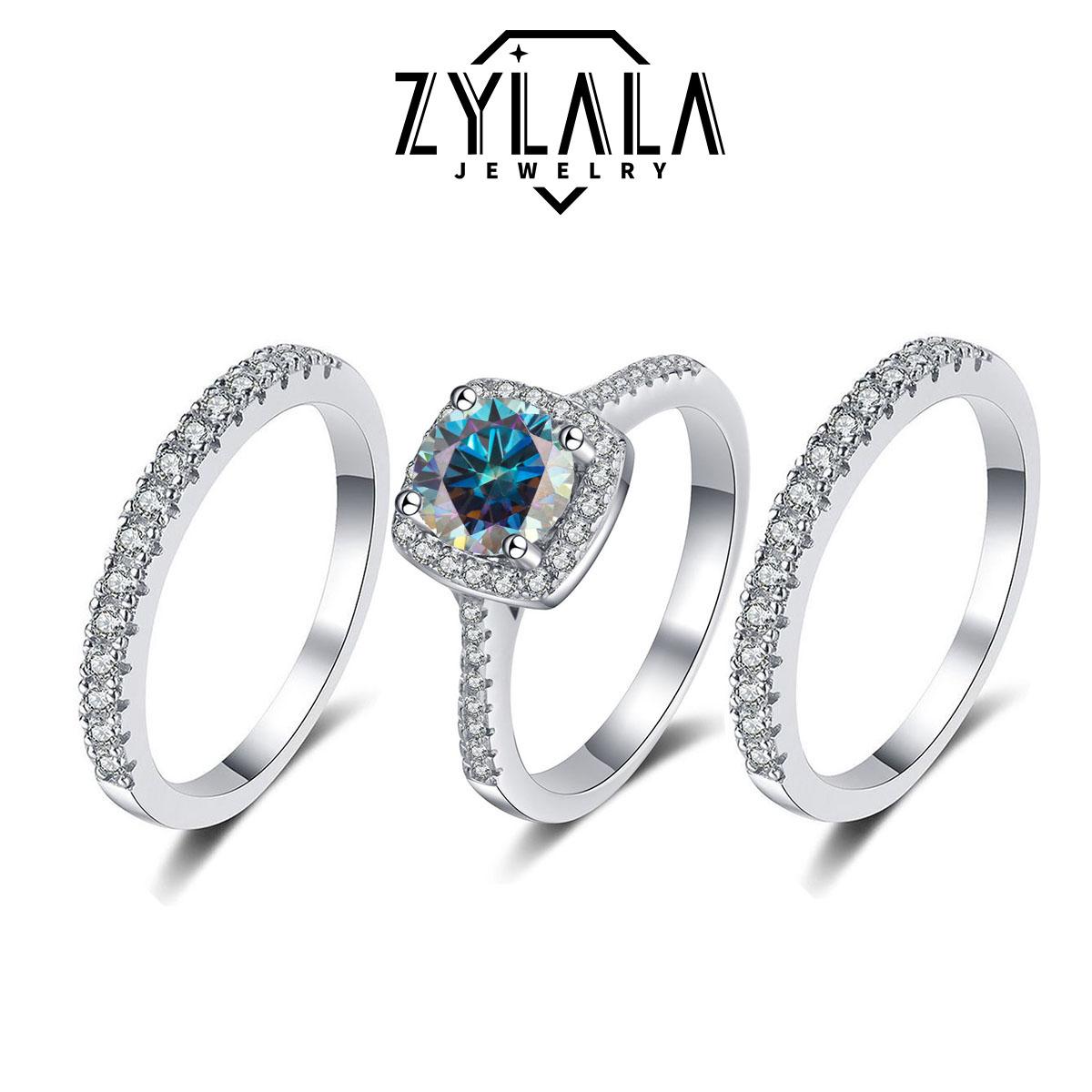 [245 Colorful Blue] 1/2CT Synthetic Moissanite Square Ring + Eternity-band Set Square Halo Design 925 Sterling Silver Promise Ring Engagement Wedding Gift