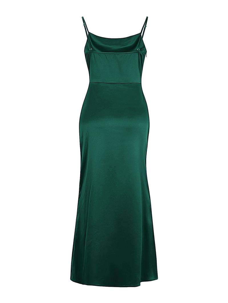 Elegant Solid Satin High Split Dress with Thin Straps, Ruffled Design, Perfect for Special Occasions and Night Out