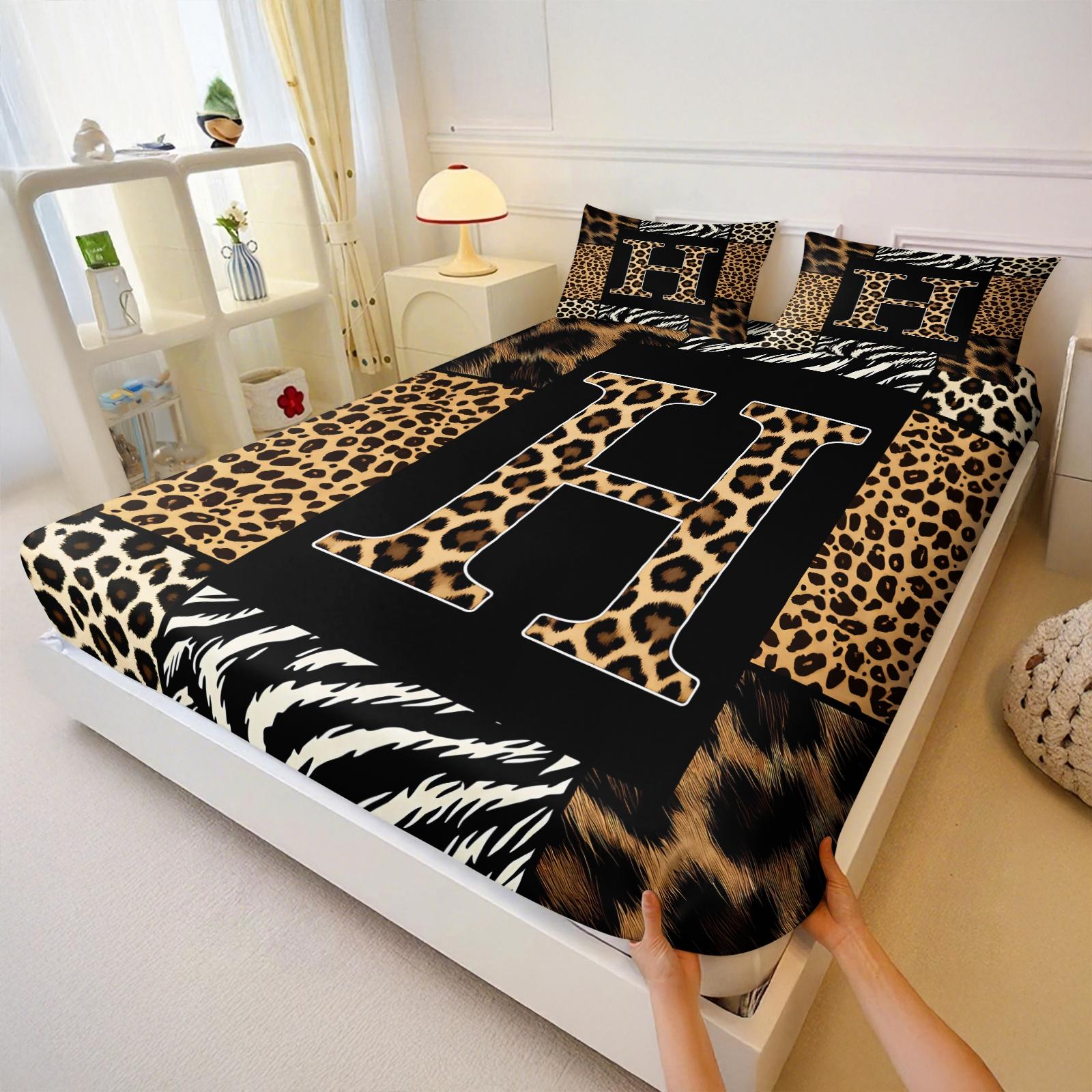 3Pcs Trendy Wild Leopard Zebra Patchwork Letter A-Z Fitted Sheet Set No Fillers, Animal Print Bed Sheet Set, Stylish Modern Bedding Set with Pillowcases, Deep Pocket Bedding for Women Girls Bedroom Decor