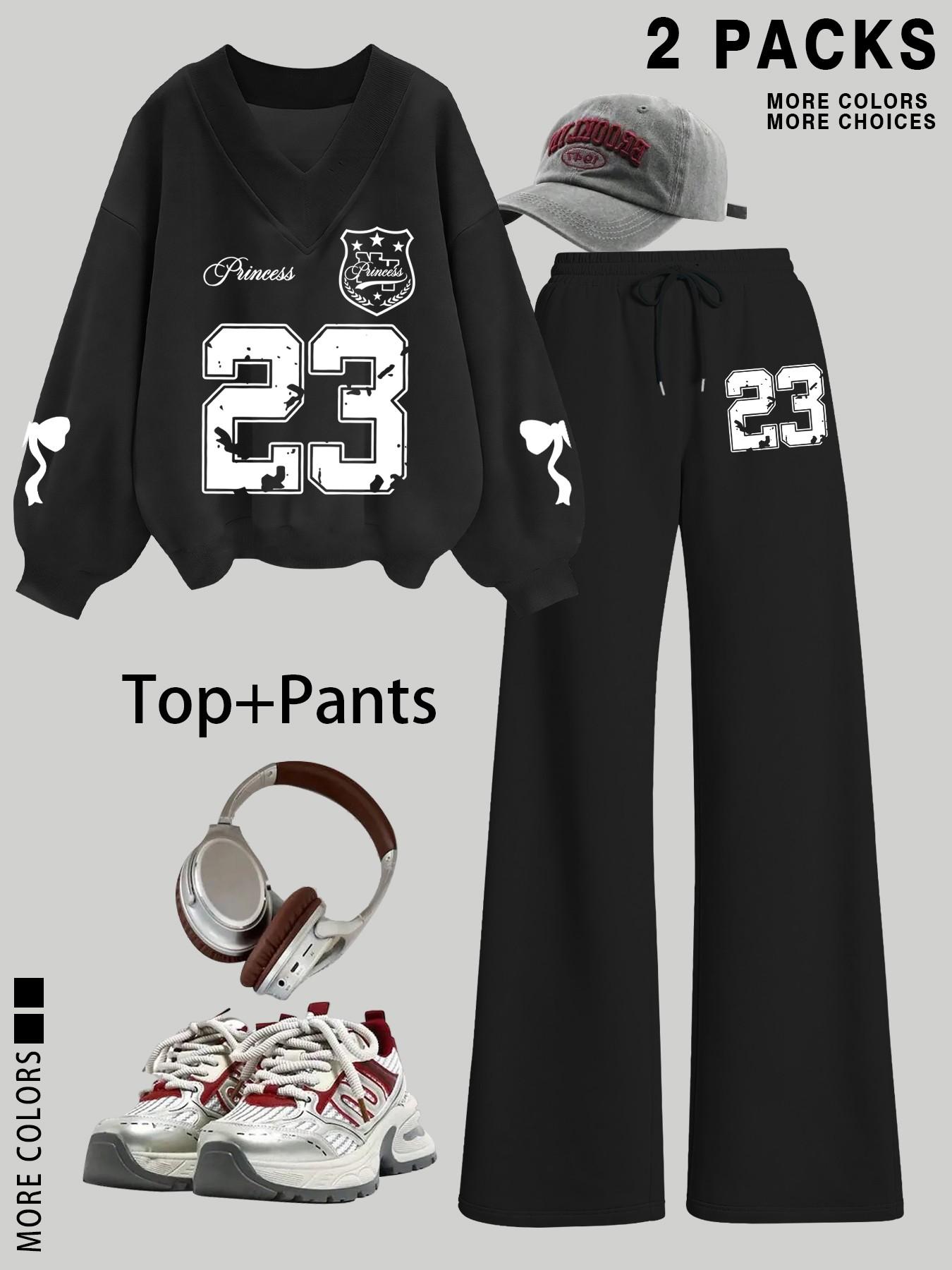 Women's V Neck Sweater Pants Set, Fashionable Digital Bowknot Print, Straight Leg Elastic Waist, Casual Long Sleeve Pullover Women's V Neck Sweater Pants Set, Fashionable Digital Bowknot Print, Straight Leg Elastic Waist, Casual Long Sleeve Pullover