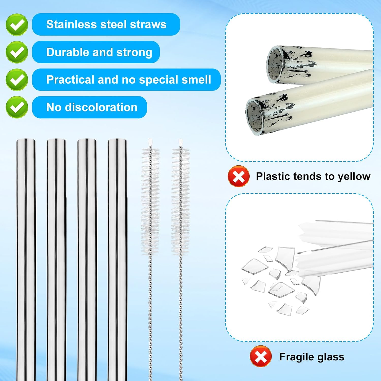 4 count Water Bottle Straws for  24oz 32oz, Stainless Steel Metal Straws  with 2 Straw Cleaners  Tumbler Bottle Accessories  for Indoor Outdoor  Trips