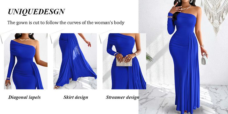Aliling Women's Elegant Christmas Evening Dress, Asymmetrical One-Shoulder Maxi Gown, High-Waisted Ruched Long Dress
