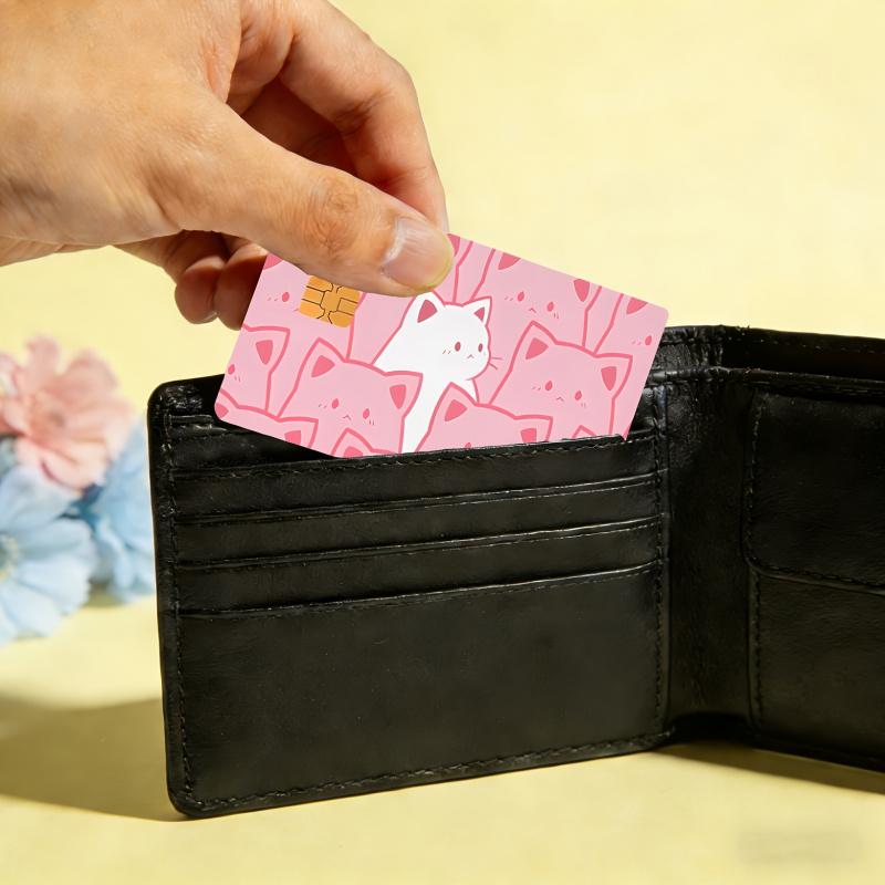 Kawaii Anime Pink Cats Pattern PVC Card Skin Sticker, Easy Design, Bubble-Free, Non-Braided, Suitable for EBT, Credit, Debit Cards, Keys, Room Cards, Protects Small Chip Cards, Ideal for Everyday Use
