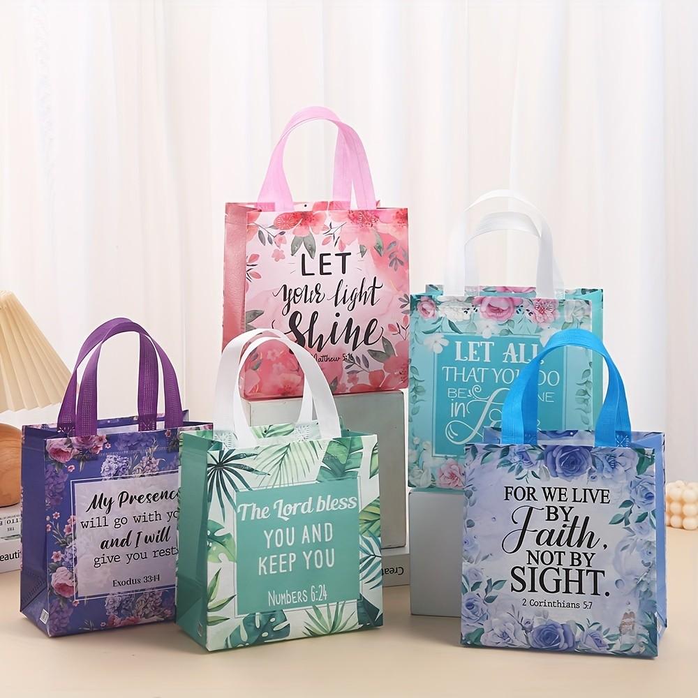 32 Bible Verse Gift Bags, Reusable Non-Woven Christian Gift Bags with Handles, Inspirational Floral Design, Blue