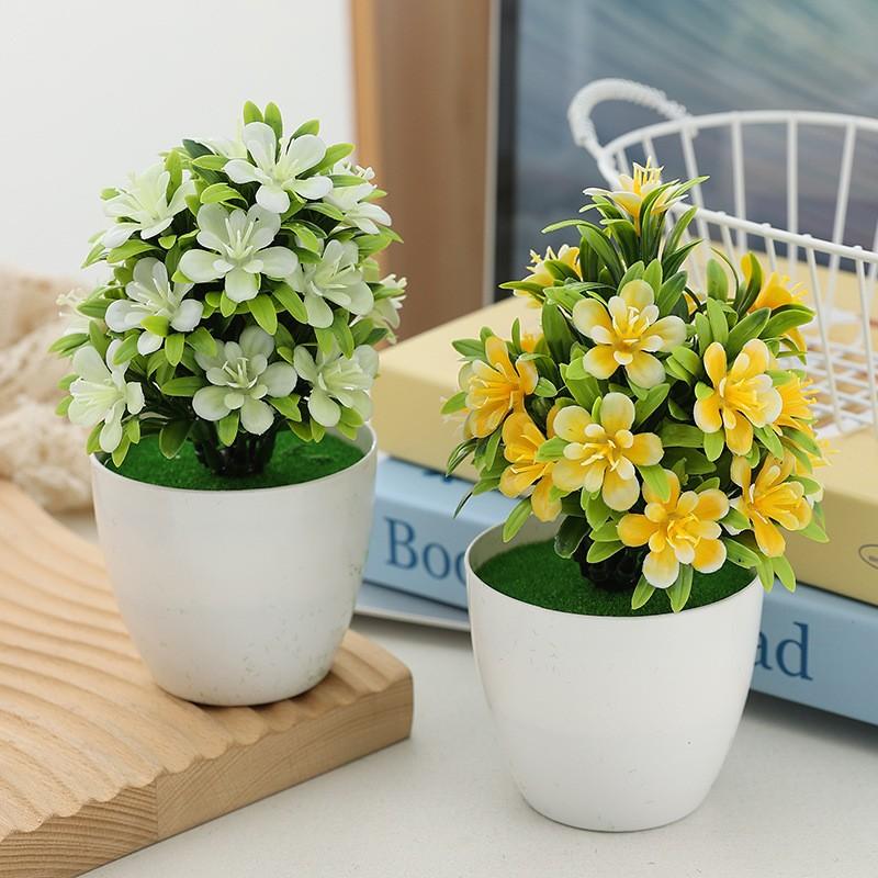 Decorative Ornament Artificial Flower Potted Plant Indoor Home Table Decor, Five-Leaf Plum Blossom Plastic Flower Plant