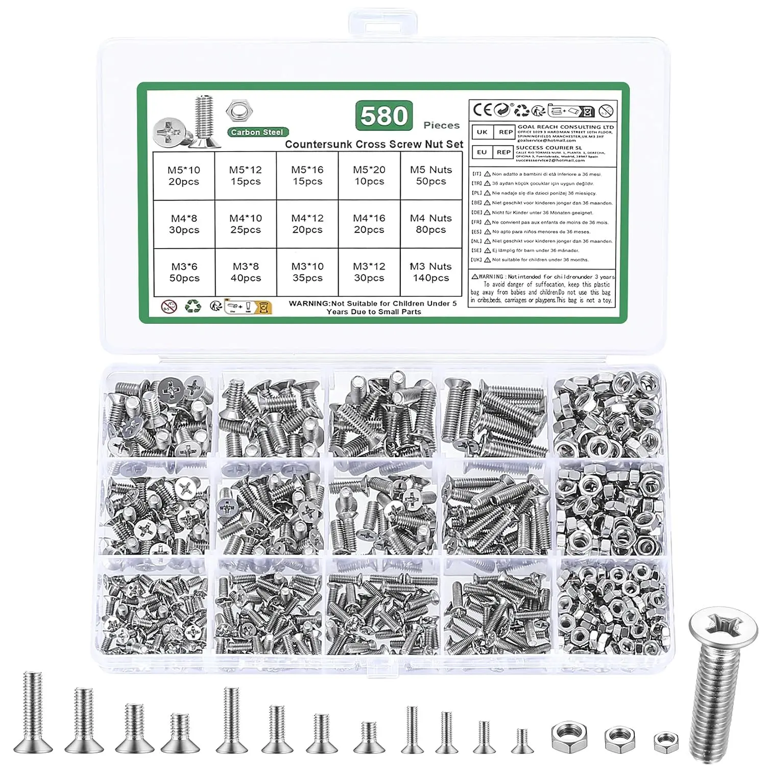 580 count M3 M4 M5 Machine Screws  Kit,Metric Flat  Screws