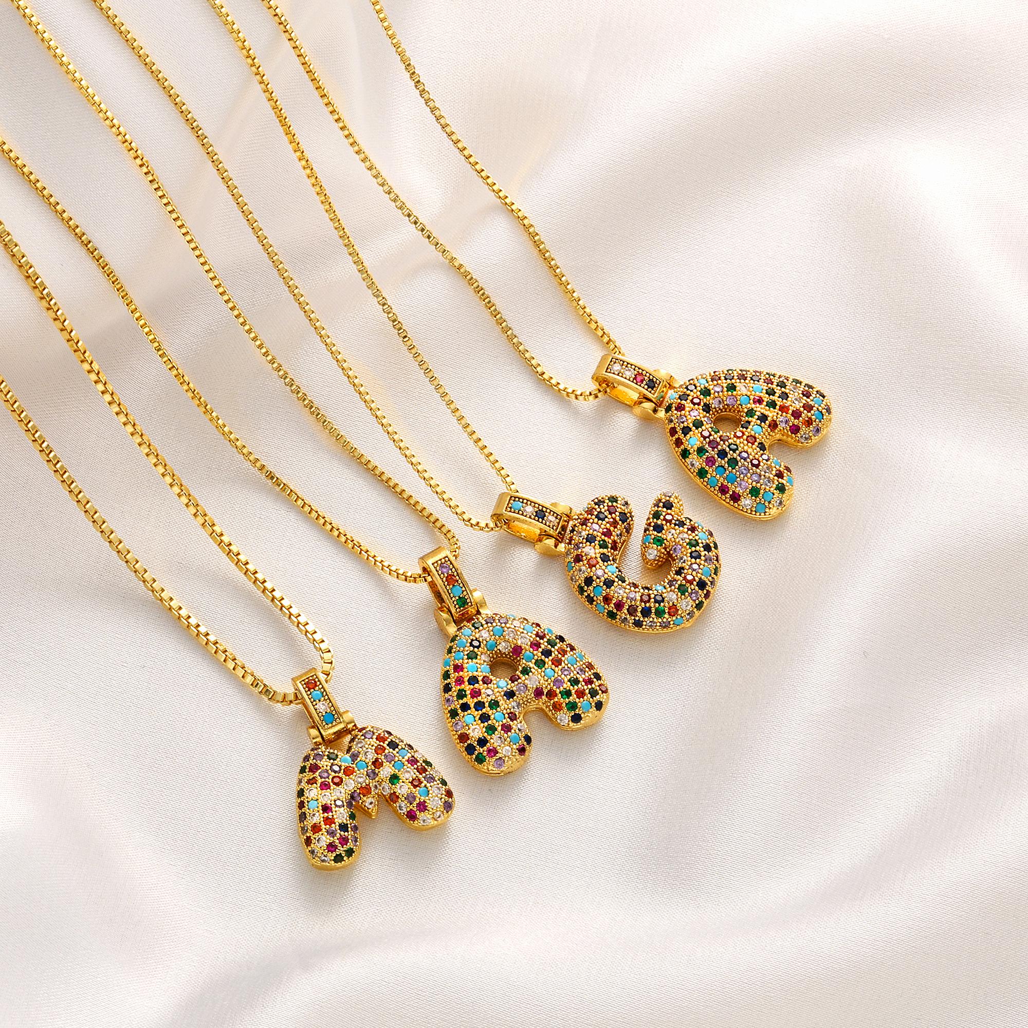 DEARMAY  Bubble Letter Necklace, Colorful Boho Balloon Initial Pendant Box Chain Necklace Dainty Pave CZ Jewelry Gift for New Year  2025 Spring Gift.