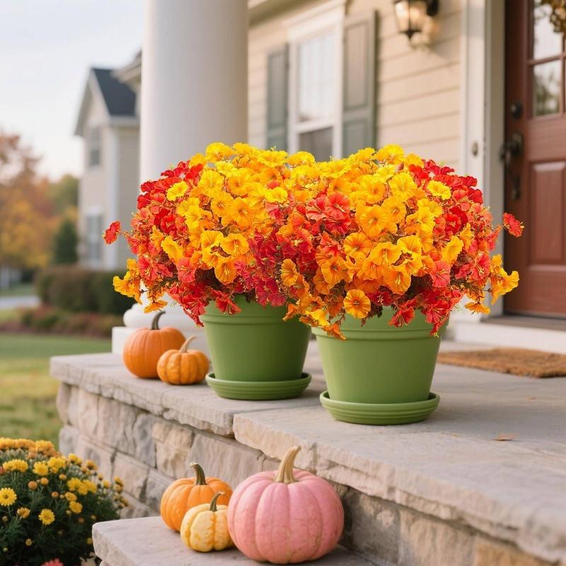 【New Fall Styles, Affordable Prices】6/12/18/24-Piece Outdoor Synthetic Artificial Flower Arrangement - Waterproof, Universal, Realistic Faux Plants with Orange,Yellow,Red,Brown Leaves for Patio,Porch,Front Door