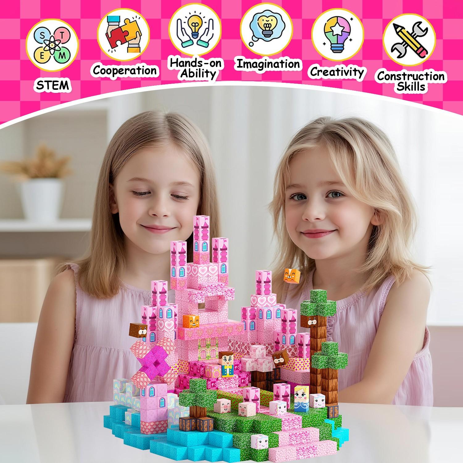 Magnetic Building Blocks 100/150/200pcs – Pink Princess Castle Magnetic Tiles Set with Magnetic Cubes | STEM Montessori Sensory Toys for Girls Age 3+, Large Safe Magnetic Blocks for Spatial Thinking & Creative Play | Christmas Birthday Gift