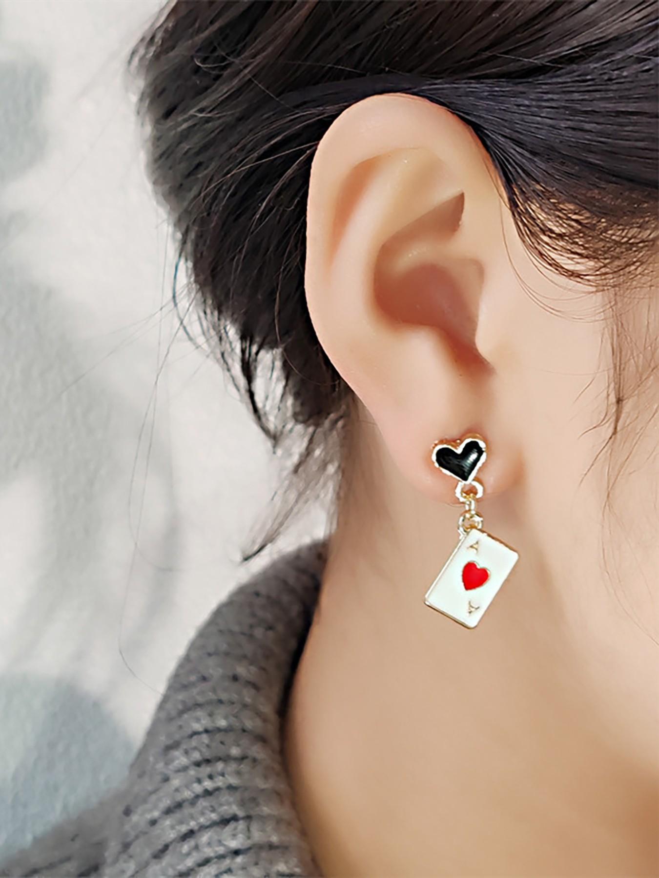 Heart Poker Card Pendant Earrings, Asymmetric Poker Card Drop Earrings, Unique Women's Party Jewelry, Fashionable Ear Studs