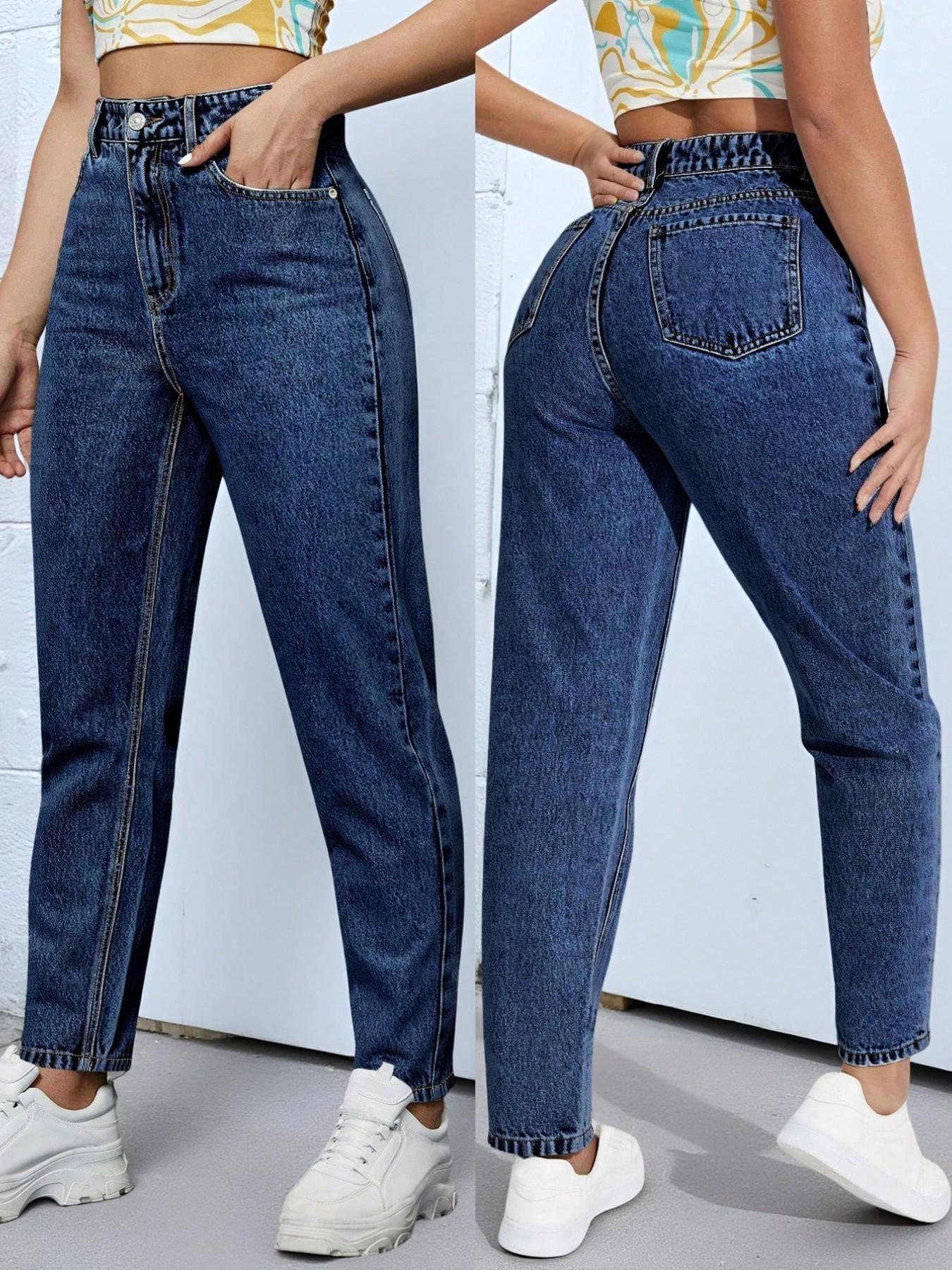 Elegant Women's High Waist Slim Fit Cone Straight Pocket Jeans Pants, Stylish Denim Long Trousers, Perfect for Casual Wear
