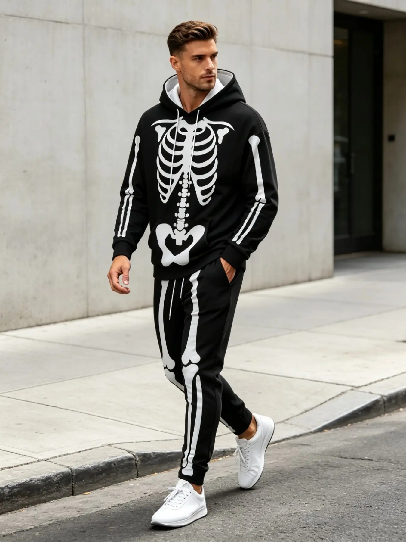 Men's Halloween Skeleton Print Hoodie and Pants Set, Party Cosplay, Casual Outdoor Sports Wear, Two-Piece Men's Clothing