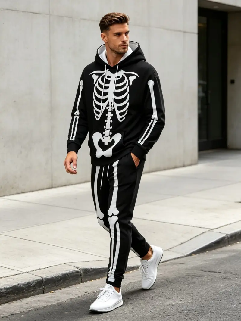 Men's Halloween Skeleton Print Hoodie and Pants Set, Party Cosplay, Casual Outdoor Sports Wear, Two-Piece Men's Clothing