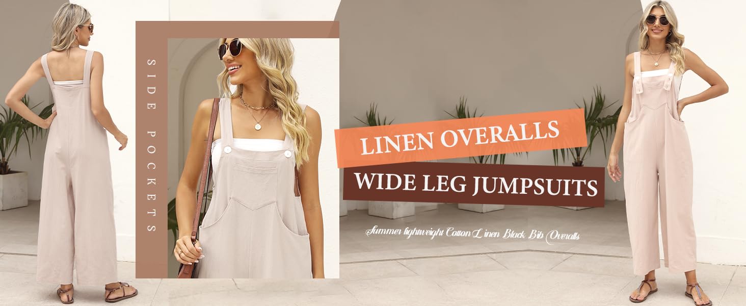 Women's Summer Cotton Linen Bib Overalls Baggy Sleeveless Adjustable Wide Leg One Piece Jumpsuits Womenswear Casual Fabric Soft Basic Minimalist Strap Strappy